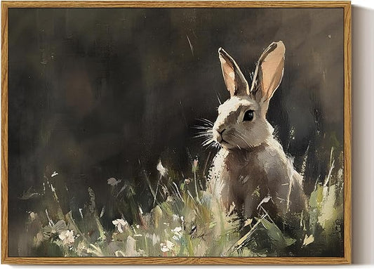 ARPEOTCY Vintage Framed Canvas Wall Art, Cute Bunny Wall Art for Living Room Bedroom, Rustic Moody Rabbit Spring Painting Pictures Home Decor for Easter Decoration (12x16 Inch)
