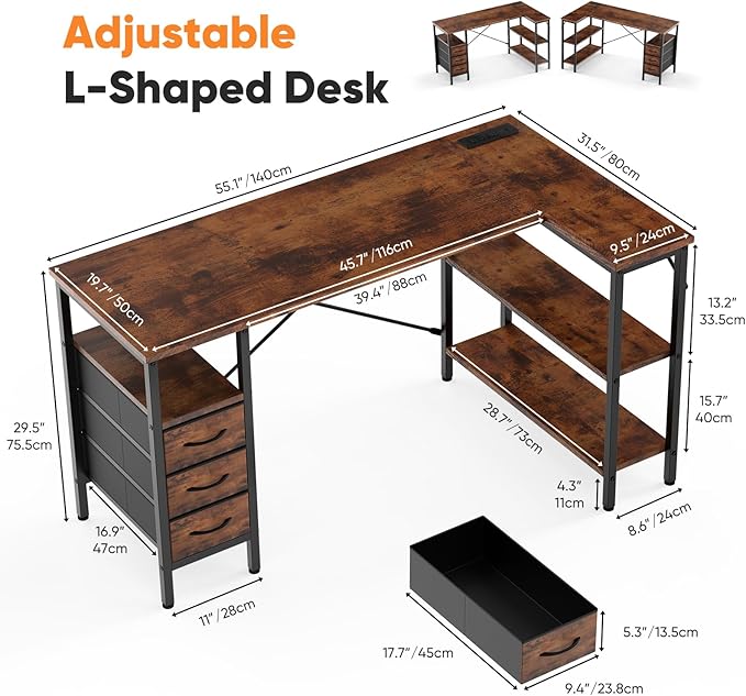 Simple Deluxe L Shaped Gaming Desk with Power Outlets, 55 Inch Computer Desk with 3 Drawers, Shelves, Corner Computer Desk for Gaming, Corner Work, Home Office, Study, Rustic Brown