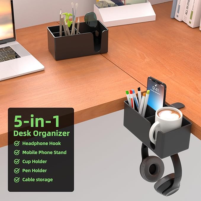 5 in 1 Desk Pencil Holder - Clamp on Under Desk Headphone Hanger - Rotating Headphone Holder Detachable Pen Holder Desktop Storage