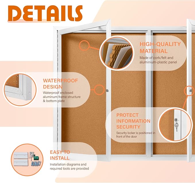 Outdoor Bulletin Board Weatherproof 72x36 in,Enclosed Bulletin Board with Locking Door, Wall Display Case for Office School Home Commercial, Silver Aluminum Frame, Cork