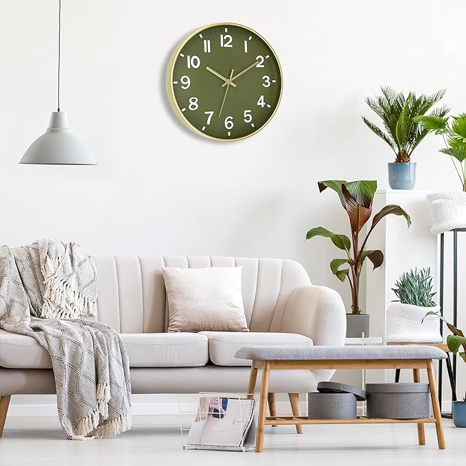 Foxtop Modern Wall Clock Silent Non-Ticking Battery Operated Round Quartz 12 Inch Wall Clock for Bedroom Living Room Kitchen Home School Office Decor (Olive Green and Gold)