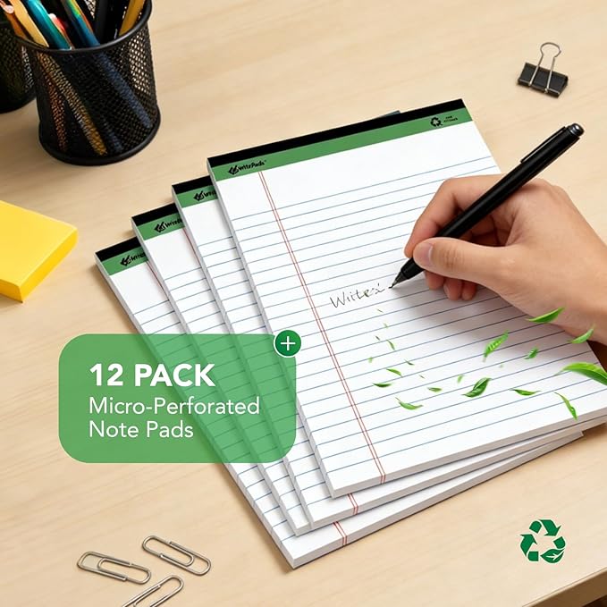 KAISA White Legal Pads Writing Pads 600 Sheets Recycled Paper, 8.5"x14" Wide Ruled Lined Paper Perforated 50 sheets Hard Back Notepads Large Legal Pad Writing Tablet For Office Supplies (White 12pads)