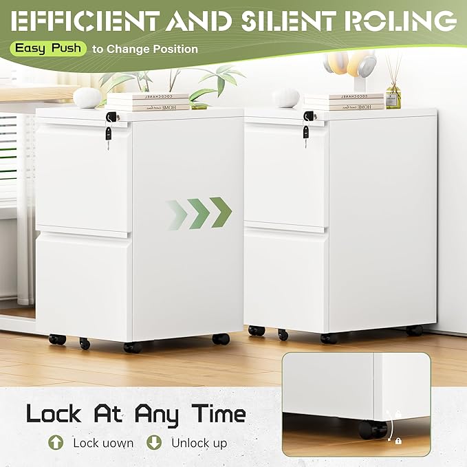 Crownland Office Mobile File Cabinet with Lock, Metal Filing Cabinets with 2 Drawers for Home Office, Lockable File Cabinet for Legal/Letter/A4/F4 Size(White)