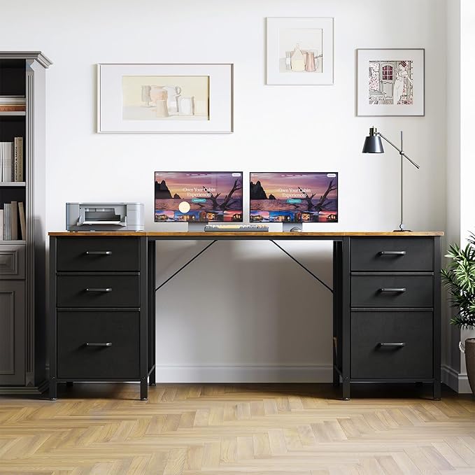 ODK 63 Inch Office Desk with 6 Fabric Drawers, Large Computer Desk for Home Office with Hidden Storage Shelves, Rustic Brown