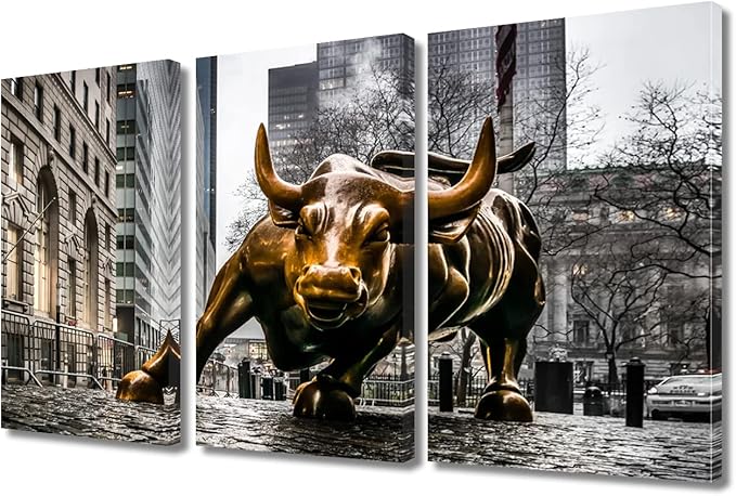 TUMOVO Canvas Prints Wall Art Modern Wall Street Bull Wall Decor 3 Pieces Family Decoration Gallery Canvas Wrap Giclee Print Stretched and Framed Posters and Prints Ready to Hang - 36" Wx24 H
