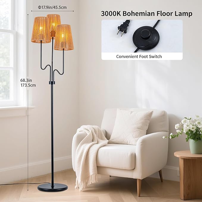 MAYNA Bohemian Floor Lamp, 68 in. Rattan Floor Lamp with Rattan Shade, 3-Light Tree-Shaped Stand Lamp for Bedroom, Nursery, E26 Socket, Living Room(Black)