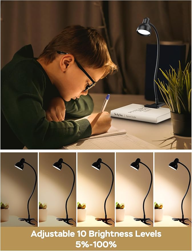 Clip-on Reading Light - 3 Color Modes, 10 Dimmable Brightness, Eye Care Clamp Desk Lamp with Flexible Gooseneck for Reading in Bed, Desk, Headboard, Computer