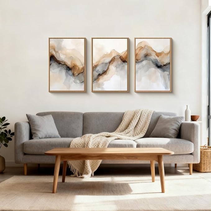 Ausril Abstract Neutral Framed Canvas Wall Art Set, Retro Watercolor Landscape Wall Decor, Modern Texture Art Prints, Minimalist Nature Wall Painting for Living Room, Bedroom, Office 16×24inches