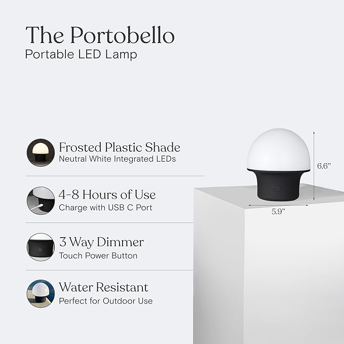 Brightech Portobello Cordless LED Touch Table Lamp - Small Dimmable Outdoor Mushroom Light for Camping & Side Tables - Modern Rechargeable Portable Bedside Light for Desk Bedroom, Nightstand - Black