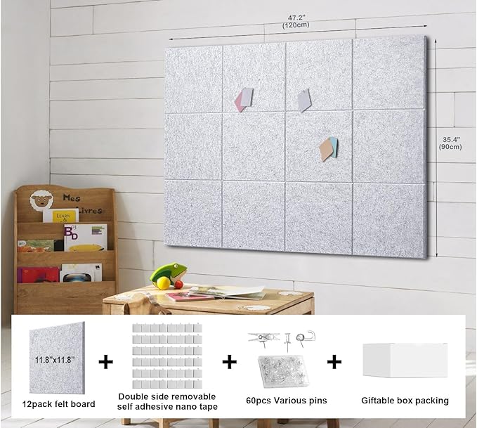Felt Wall Tiles Bulletin Board Large Cork Board Alternative 12 Pack 11.81”x11.81”x0.47” Felt Pin Board Tack Board with Safe Removable Adhesive Tabs for Home Office School 48x36(Silver Grey)