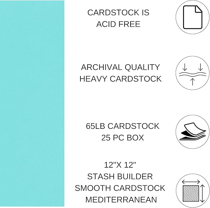 PA Paper Accents Smooth Cardstock 12" x 12" Mediterranean, 65lb colored cardstock paper for card making, scrapbooking, printing, quilling and crafts, 25 piece pack