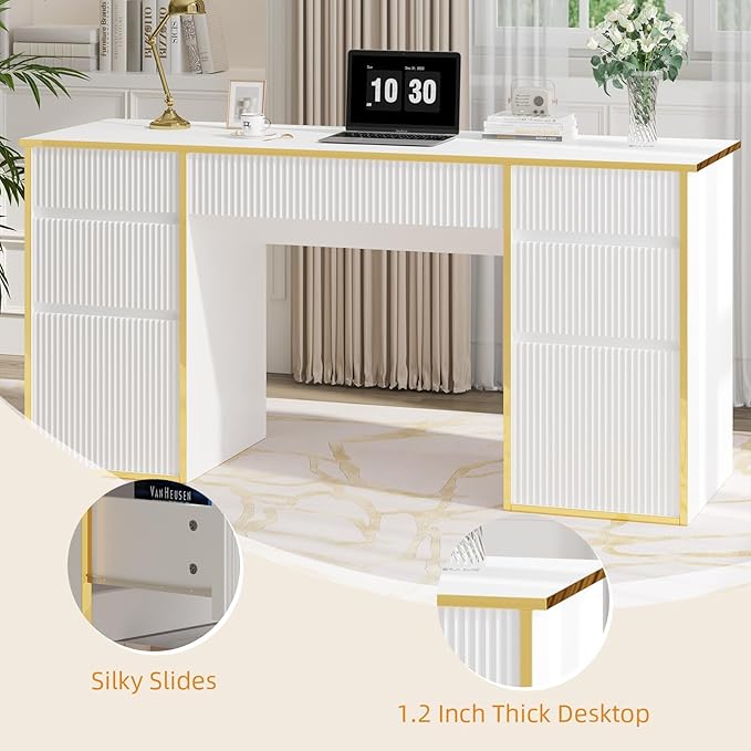 White Computer Desk with Drawers, 58 Inch Home Office Desk with 7 Drawers for Bedroom, Executive Desk with File Drawers for Small Spaces, White and Gold