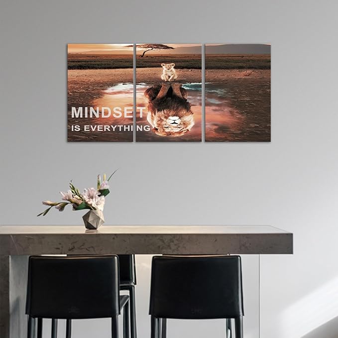 Mindset is Everything Wall Art Lion Motivational Wall Decor for Office Pictures Posters Framed Canvas Wall Art Prints Painting Artwork Decor Ready to Hang in Living Room Bedroom Classroom