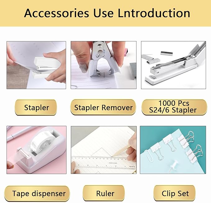 suniya Office Supplies,Desk Accessories,Tape Holder,Stapler,Scissor,Staple Remover,Box of Binder Clips,Staples,Ballpoint Pen,Sticky Notes,Clear Tape,Ruler,Office Supplies Set(White)