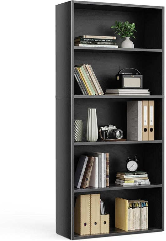 Sweetcrispy Industrial 5 Shelf Bookcase - Large 53 Inch Tall Floor Standing Open Bookshelf with Anti-Tipping Device for Home Office, Living Room, and Bedroom Storage, Black