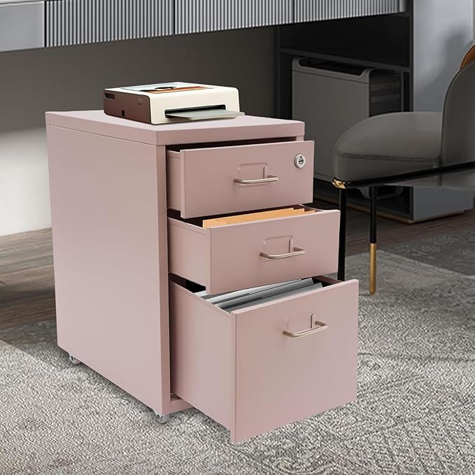 3 Drawer Metal Storage Cabinet, Filing Cabinets for Home Office, Rolling Narrow File Cabinet, Literature Organizer, Home Printer Stands, Mobile File Cabinet w/ Lock for Office, Study, Dresser (Pink)