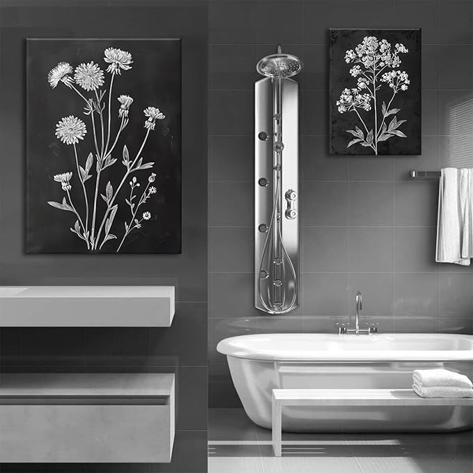 KISSFOX Floral Botanical Canvas Wall Art Vintage Black Background Plant Poster Prints Set of 3 Framed Grey and White Wildflower Painting Modern Farmhouse Decor Pictures Living Room Bathroom Bedroom (Black Floral, 16"x24" Canvas)