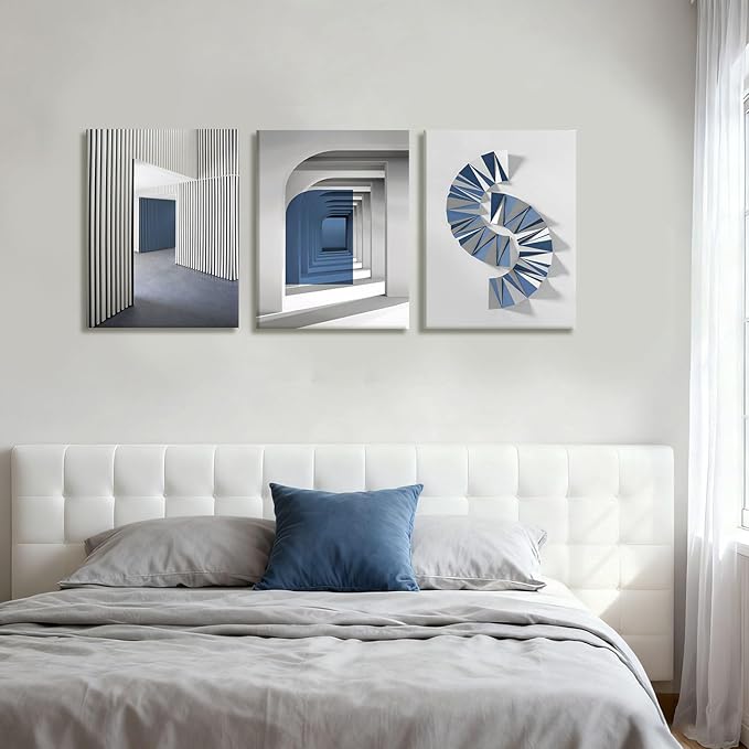 NCCXNCC 3-Pcs Abstract Blue Canvas Wall Art Neutral Minimalist Paintings Gray Geometric Posters Print Modern Architecture Image Artwork Living Room Bedroom or Office Wall Decoration 12x16 inch