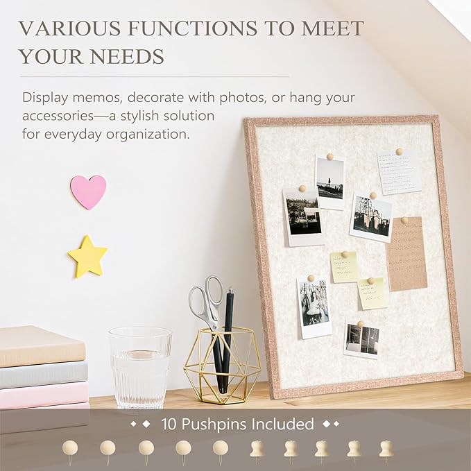 DOLLAR BOSS Felt Framed Bulletin Board 16'' x12'' 1PC Small Cork Boards for Walls Cute Lightweight Aesthetic Corkboard for Office Home Decor College Dorm Room Photo Display with 10 Pins, Beige