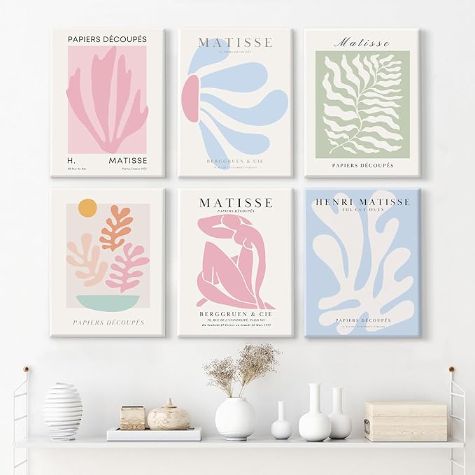 Henri Matisse Wall Art Prints Pink Blue Canvas Wall Decor Aesthetic Pictures Wall Art Danish Pastel Painting Henri Matisse Poster Trendy Artwork for Bedroom 12x16 Inch Wrapped Canvas Set of 6