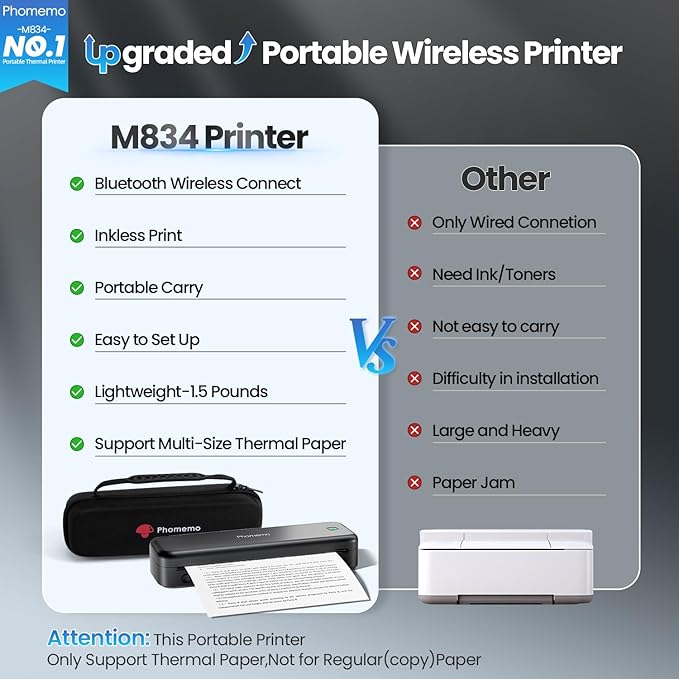 Phomemo Upgraded 300DPI Portable Printers Wireless for Travel, M834 Bluetooth Thermal Printer 8.5" x 11"& A4 Size,Inkless Mobile Printer with Carry Case for Travel,Office,School,Car,Home,Black