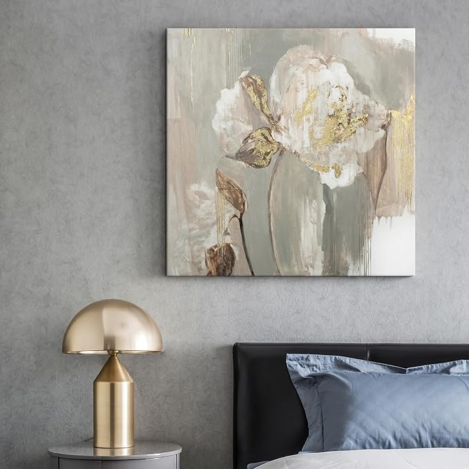Goldfoilart Floral Wall Art Gold Pictures White Flower Canvas with Gold Foil Embellishment Paintings Textured Poster Framed Artwork for Living Room Bedroom Office Decorations 24" x 24"