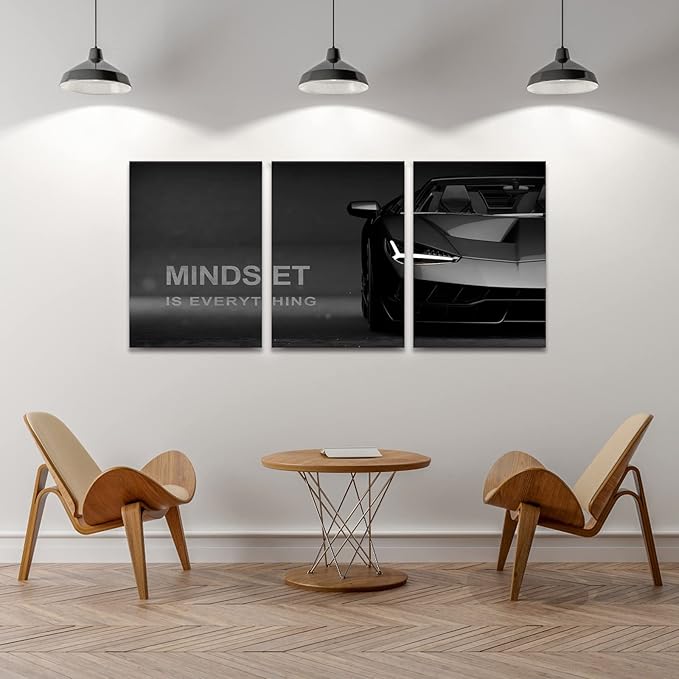 KAWAHONE Motivational Canvas Wall Art Lamborghini Posters Prints Entrepreneur -Mindset is Everything-Office Decor Set Ready to Hang