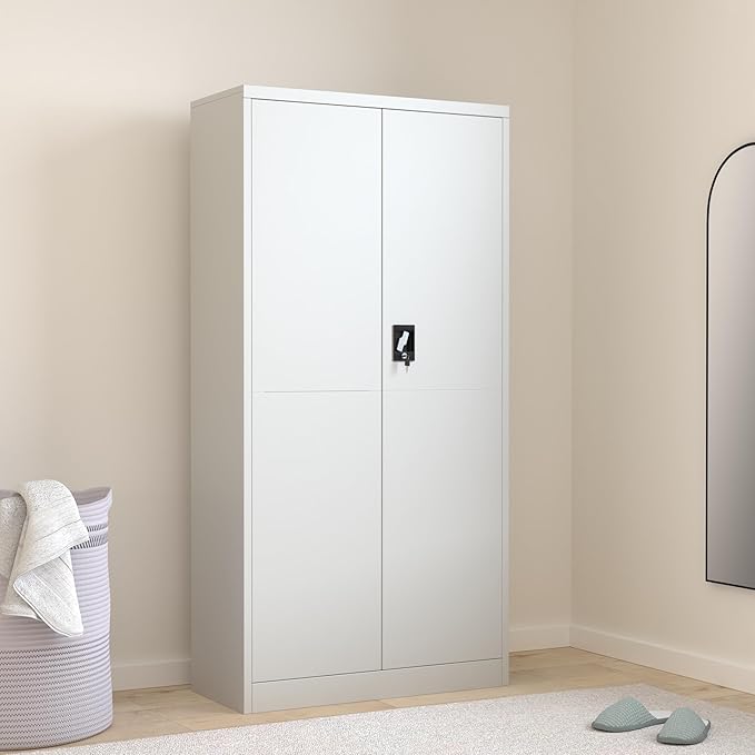 vidaXL Locker Cabinet, Lockable File Cabinet with 2 Doors and 4 Shelves, Locking Cabinets for Office Home Gym School, Industrial, Light Gray Steel