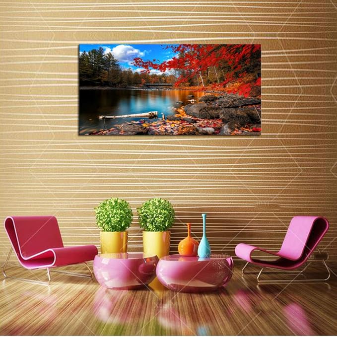 DZL Art S72650 Nature Wall Art Canvas Artwork Lake Mountain Red Maple Leaf National Park Nature Pictures for Living Room Bedroom Office Wall Decor Home Decoration