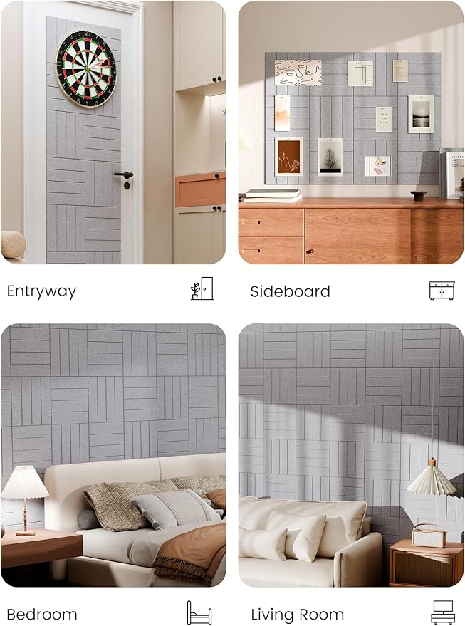 Bumusty Large Cork Board Alternative-48 x 36" Felt Bulletin Board Tiles, with 30 Pushpins, 70 Adhesive Tabs, 12-Pack Slat Wall Paneling, Cork Boards for Office Push Pin Board Felt Board-Soft Gray