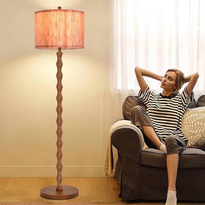 Wood Floor Lamps for Living Room Boho Farmhouse Floor Lamp with Remote Control,Dimmable Vintage Floor Lamp Mid Century Modern Standing Lamp with 3 Color Temperature Tall Floor Lamps For Bedroom Corner