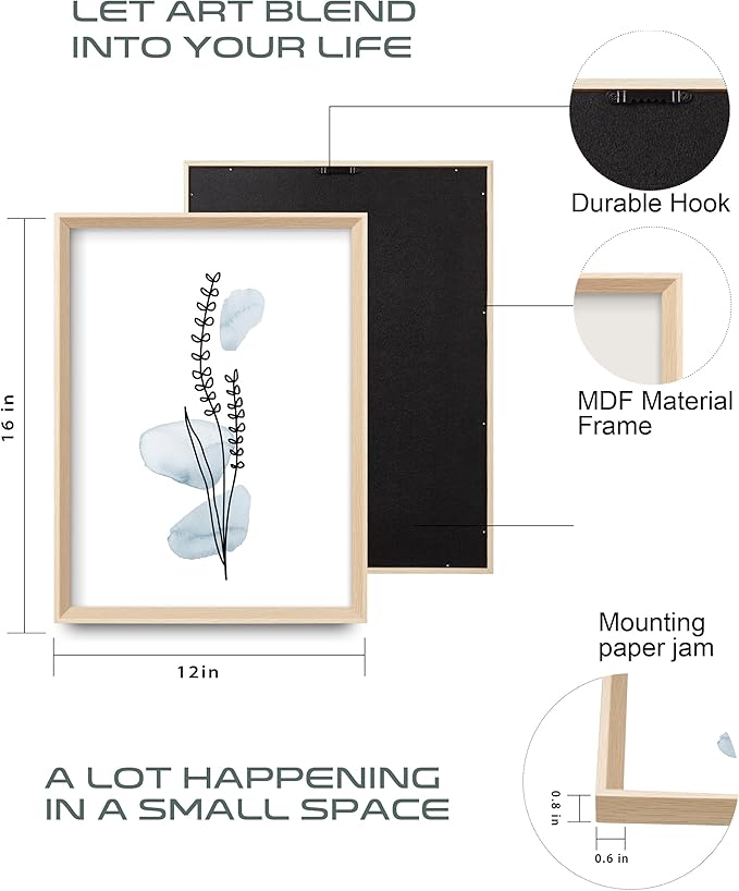 HesenDot Framed Blue Floral Canvas Wall Art,Minimalist Botanical Wall Art Decor,12x16IN Wood High Framed Prints,Boho Flowers Artworks Prints Posters for Living Room,Kitchen,Bedroom Set of 3