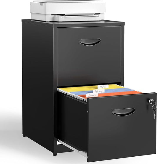 2 Drawer File Cabinet with Lock,Black Metal Filing Cabinets,Vertical Locking File Cabinet Fit Hanging Files, Letter,File Box and A4 Documents (Black)