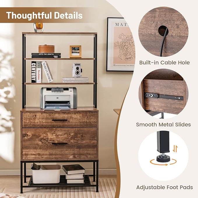 Giantex Tall 2-Drawer File Cabinet - Filing Cabinet w/Charging Station, 3-Tier Storage Shelves, Large Drawer, Hanging File Folders, Fits Letter A4 Legal Size, Printer Stand for Home Office (Brown)