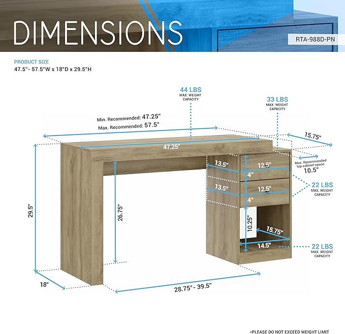 Expandable Desk with Storage Drawers & Open Shelf - Expands from 47 Inch to 57 Inch - Pine Computer Desk with Printer Space - Modern Home Office Table with Drawers - Techni Mobili Blanco Collection