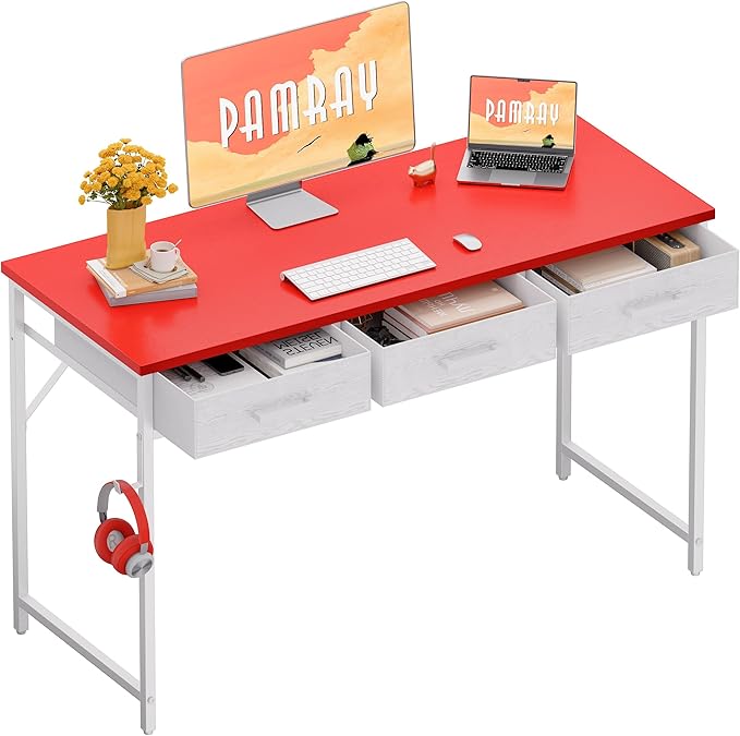 Pamray 47 Inch Small Computer Desk with 3 Drawers for Bedroom Study Writing Home Office Table for Small Spaces Red