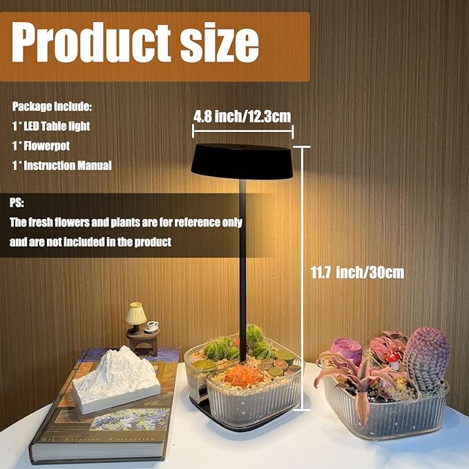 Bedside Lamp, Table Lamp for Bedroom with 4 Color Dimming, Grow Lights for Indoor Plants, Battery Powered Cordless Light for Bedroom
