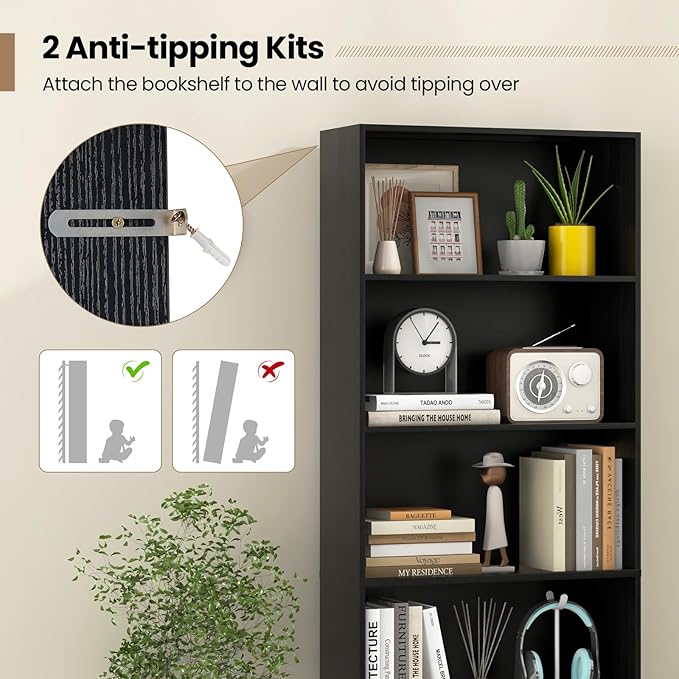Giantex 6-Tier Bookcases Set of 2, 70" Tall Wooden Bookshelf, Freestanding Storage Organizer w/Open Shelves, Anti-Tipping Kits, Modern Floor Standing Display Shelves for Living Room, Bedroom, Black