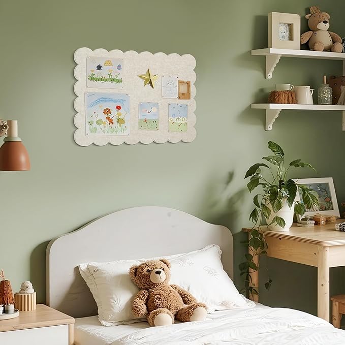 Scalloped Bulletin Board, 24 x 18 Inches Felt Pin Board - Decorative Cork Alternative for Wall, Foldable Picture Self-Adhesive Vision Prayer Board with 20 Pushpins - Oatmeal
