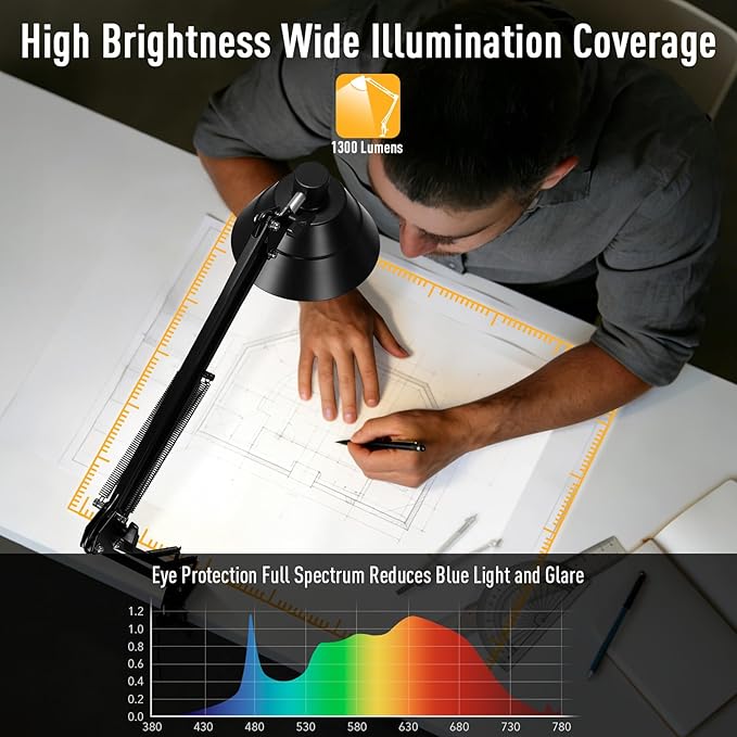 Led Desk Lamp for Home Office - Swing Arm Desk Lamp with Clamp - Architect Adjustable Gooseneck Table Lamp with 5 Color Modes & 10 Brightness for Reading Working Drafting (Black)