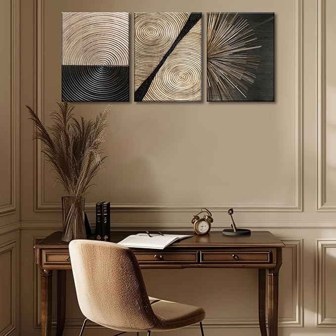 3Pcs Retro Wood grain Abstract Canvas Wall Art Minimalist Black Golden Line Texture Wall Decor Pictures Neutral Geometric Beige Brown Poster Prints for Living Room Bedroom Home Decoration 12x16in