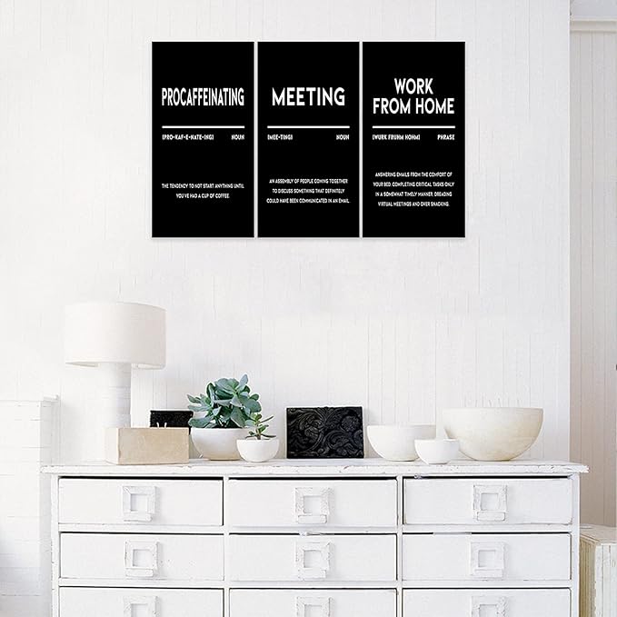 3 Piece Inspirational Canvas Wall Art, Quotes "Procaffeinating - Meeting - Work From Home" Motivational Print Pictures, Triptych Entrepreneur Poster Framed Artwork for Men Women Room Decor(36"Wx24" H)