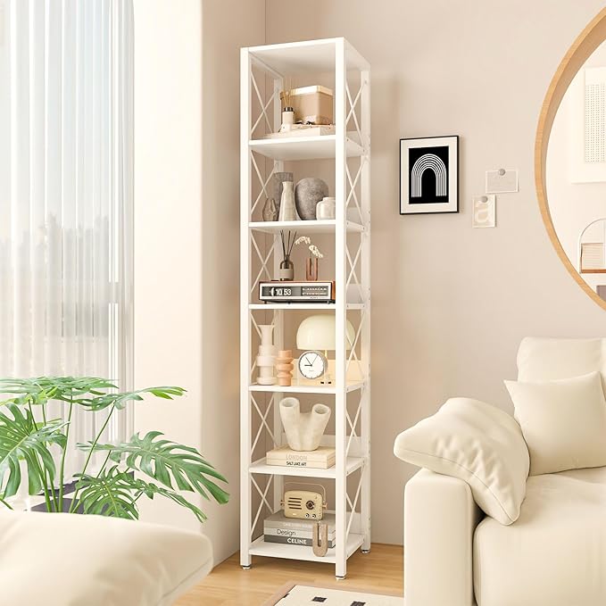 IBUYKE 6-Tier Tall Narrow Bookcase,Wood Corner Shelf Storage Display Rack for Small Spaces,Free Standing Open Bookshelf Square Shelf Tower for Home Office Living Room Bathroom, White UTBC001W