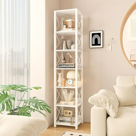 IBUYKE 6-Tier Tall Narrow Bookcase,Wood Corner Shelf Storage Display Rack for Small Spaces,Free Standing Open Bookshelf Square Shelf Tower for Home Office Living Room Bathroom, White UTBC001W