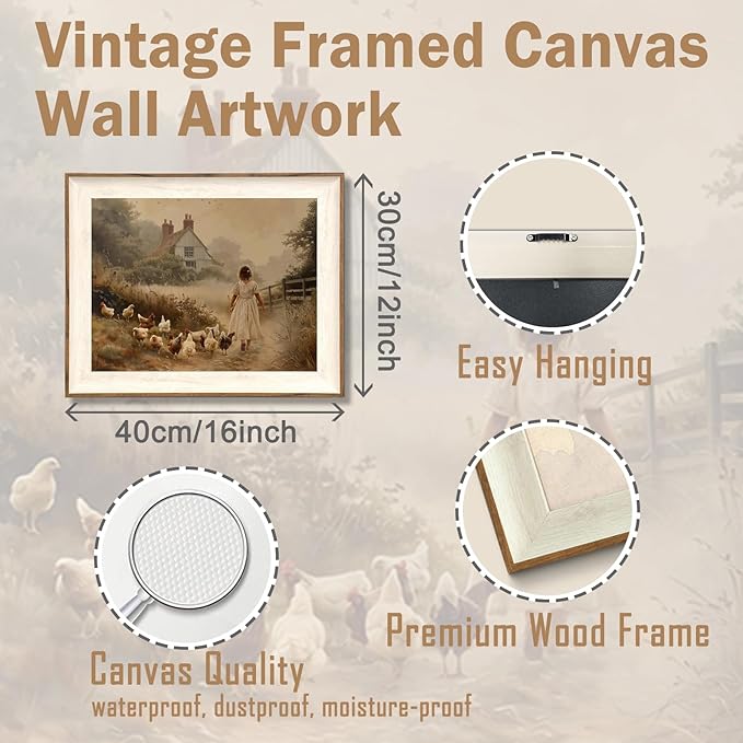 ASTRDECOR Framed Vintage Wall Art, Farmhouse Decor Girl Chicken Farm Canvas Painting Farmhouse Wall Decor, Vintage Rustic Artwork for Wall, Country Wall Decor for Kitchen Bedroom Living Room-12''x 16''