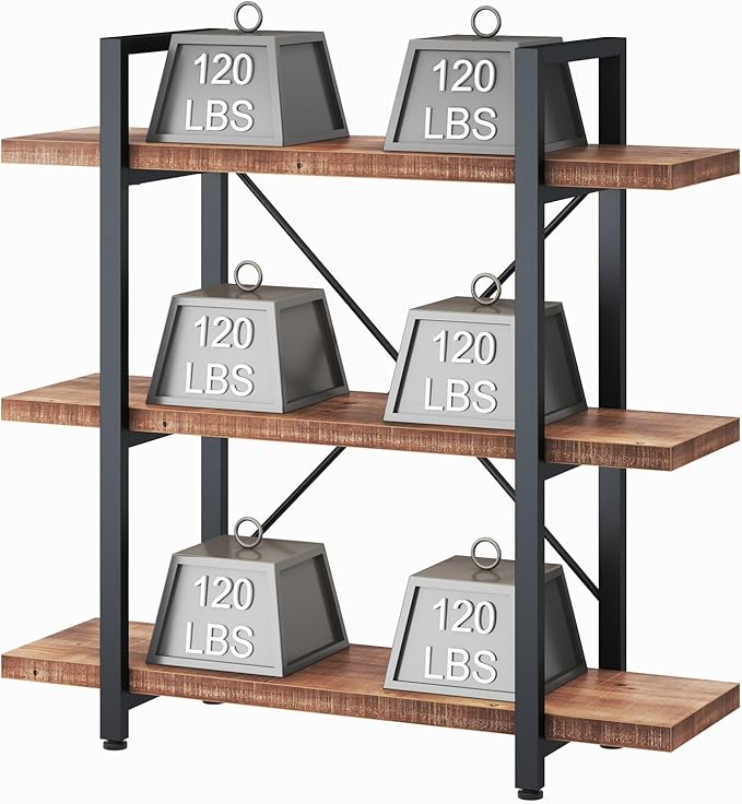 HSH Solid Real Wood Bookshelf, 3 Tier Rustic Vintage Industrial Book Shelf, Small Short Etagere Natural Wooden Bookcase, Open Metal Farmhouse Solid Wood Book Shelf, Distressed Brown