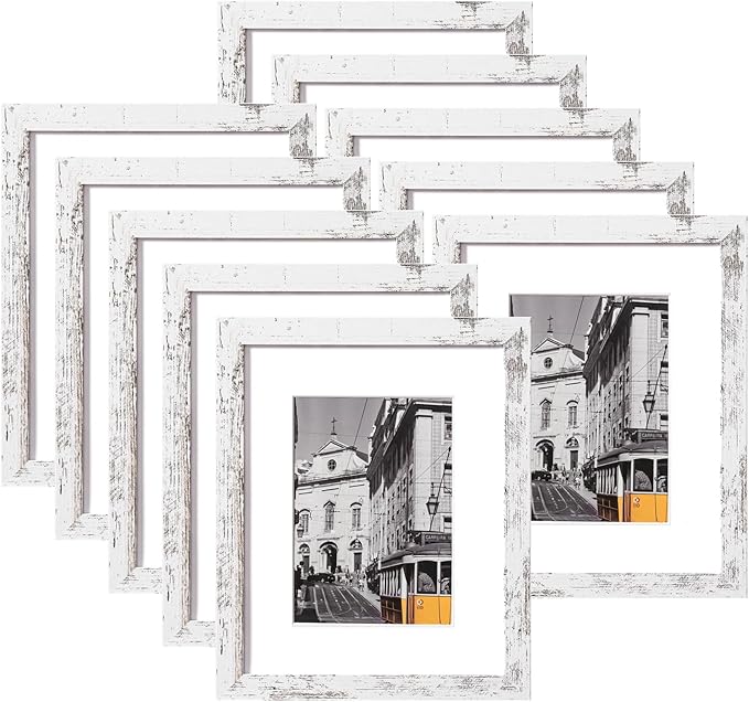 eletecpro 8x10 Picture Frames Set of 10, Picture Frame Collage Wall Decor Display 5x7 Photo with Mat or 8x10 without Mat, Home Decor Gallery Frame for Table Top or Wall Mounting, Distressed White
