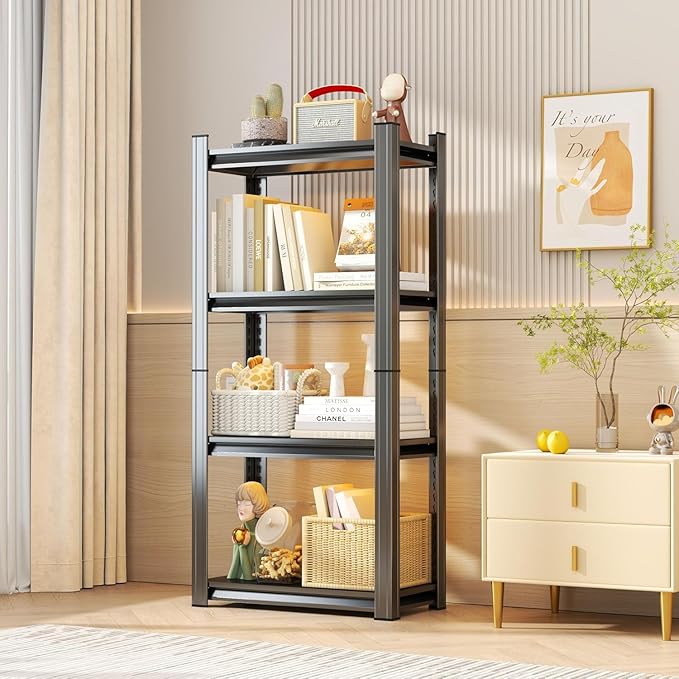 16" W*54" H Book Shelf，4 Tier Metal Narrow Bookshelf，Heavy Duty Book Shelfs，Adjustable Shelving Unit，Tall Bookcase，Industrial Bookshelf for Living Room，Bedroom，Office and Library