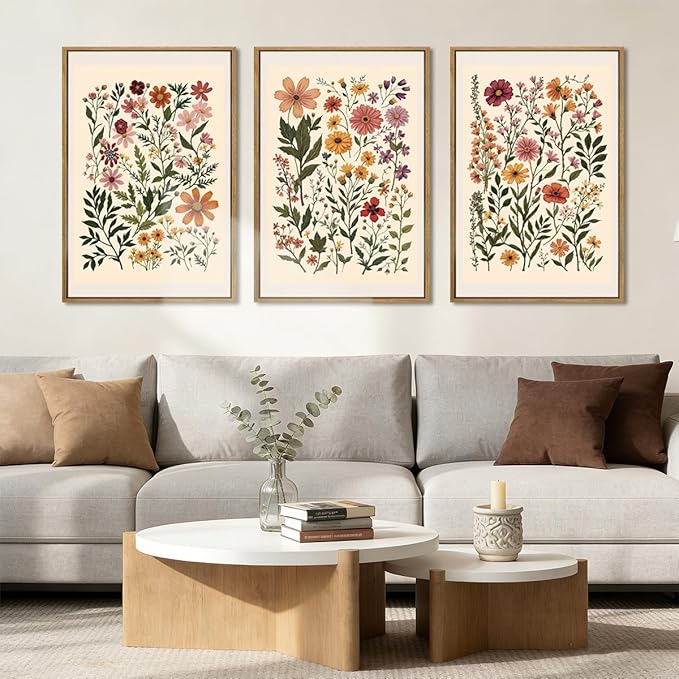 BINCUE Neutral Framed Wildflower Wall Art Set of 3 Colorful Floral Wall Decor Vintage Flower Art Prints Set of 3 for Living Room Bedroom Bathroom 16x24 Inches