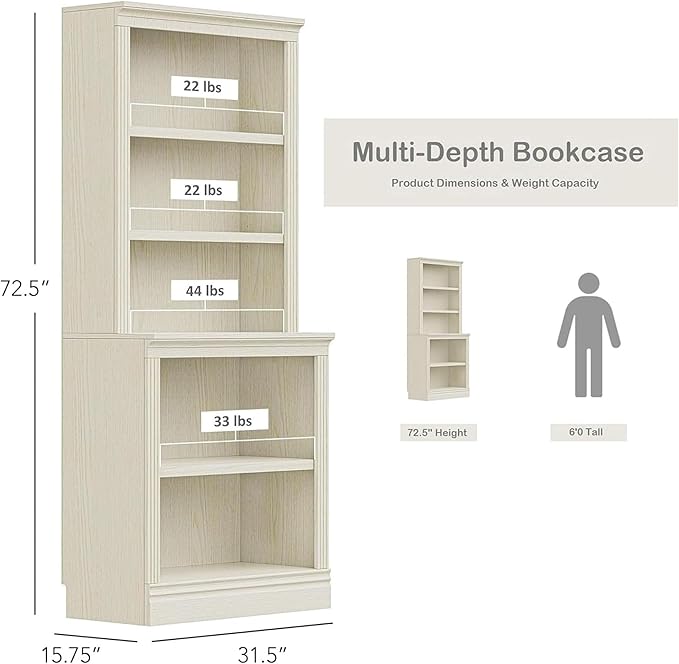 JAHRSTIM Halston Multi-Depth Bookcase, Adjustable Storage Open Display Shelving Unit for Home and Office Space, 31.5”L x 15.75”W x 72.8”H, Cream